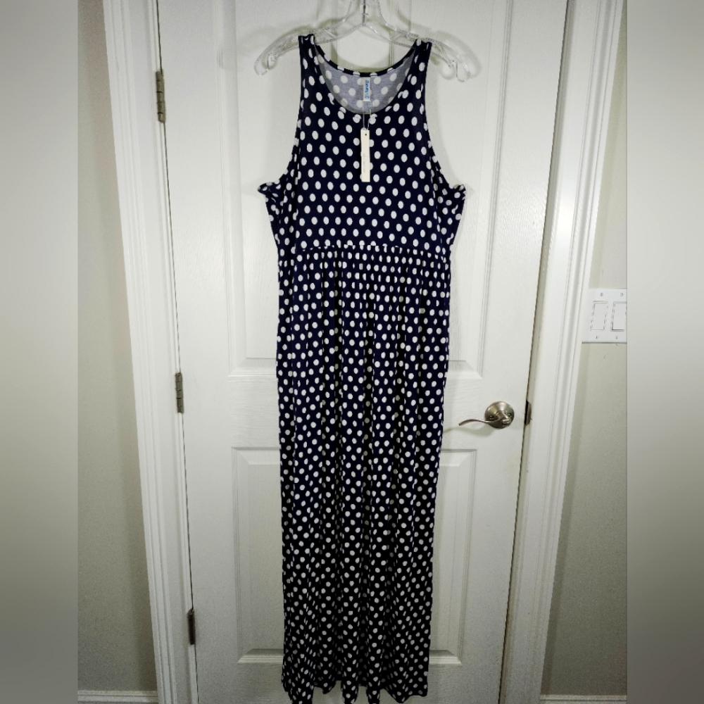 Euovmy Navy Blue White Polka Dot Side Pockets Tank Top Maxi Dress S 2XL NWT